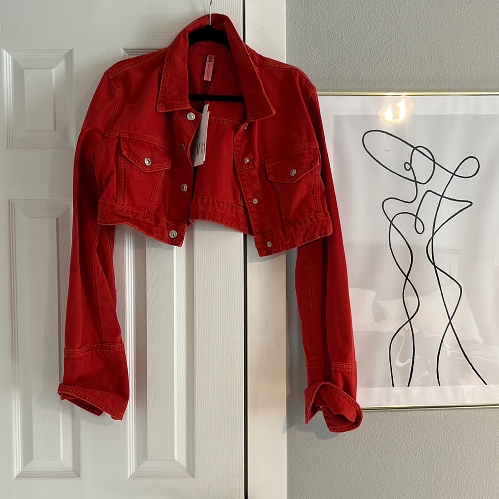 Red cropped jean jacket